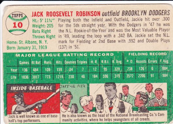 1954 TOPPS #10 JACKIE ROBINSON HALL OF FAME