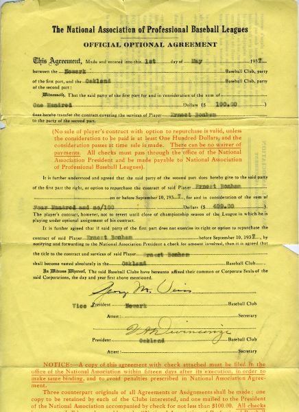GEORGE WEISS SIGNED 1937 BASEBALL OPTION AGREEMENT/CONTRACT for Tiny Bonham