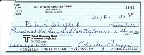 CHARLEY TRIPPI SIGNED CHECK 1886
