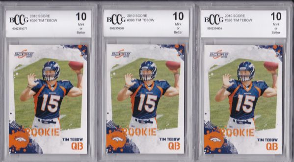 2010 SCORE #396 TIM TEBOW ROOKIE LOT OF 3 ALL BCCG 10