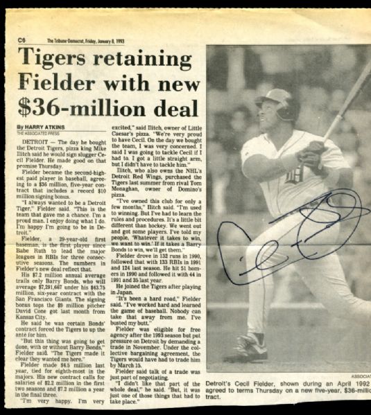 CECIL FIELDER SIGNED NEWSPAPER PHOTO CLIPPING