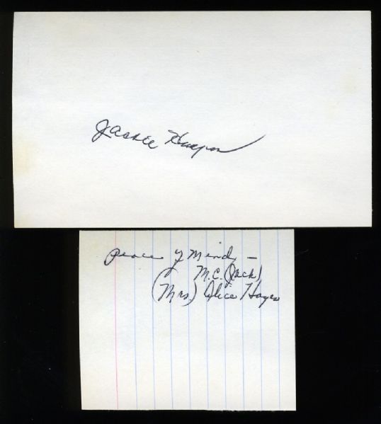JACKIE HAYES SIGNED INDEX CARD 1927 WASHINGTON SENATORS