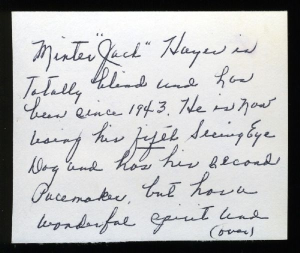 JACKIE HAYES SIGNED INDEX CARD 1927 WASHINGTON SENATORS