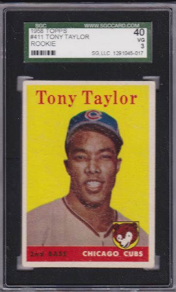 1958 TOPPS #411 TONY TAYLOR ROOKIE SGC 40
