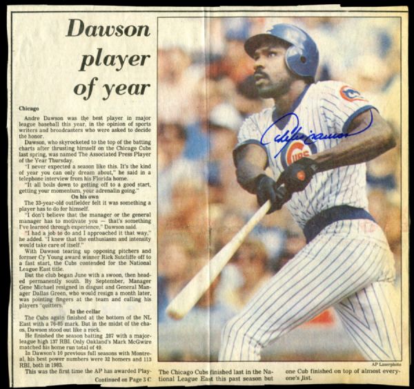ANDRE DAWSON SIGNED NEWSPAPER PHOTO CLIPPING