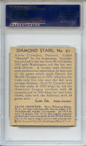 1936 DIAMOND STARS #93 ALVIN CROWDER PSA 5