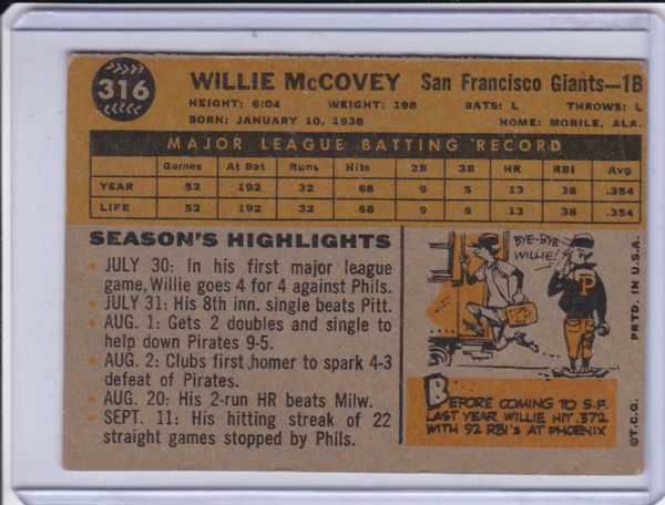 1960 TOPPS #316 WILLIE McCOVEY ROOKIE
