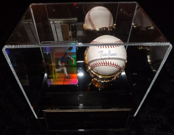 RANDY JOHNSON SIGNED BASEBALL & CARD 2004 PERFECT GAME DISPLAY MLB