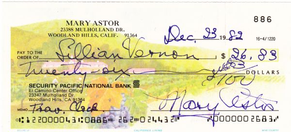 ACTRESS MARY ASTOR SIGNED CHECK 886