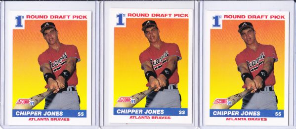 1991 SCORE #671 CHIPPER JONES ROOKIE CARD LOT OF 3