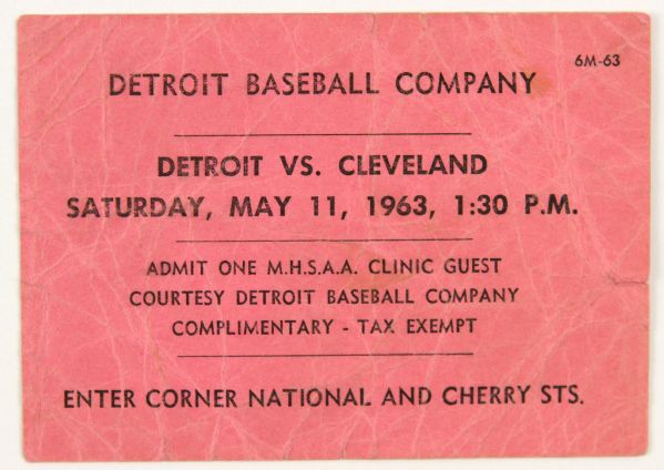 1963, MAY 11TH DETROIT TIGERS VS. CLEVELAND INDIANS TICKET TIGER STADIUM 