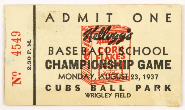 1937, AUGUST 23RD BASEBALL SCHOOL CHAMPIONSHIP GAME TICKET WRIGLEY FIELD