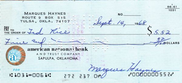 MARQUES HAYNES SIGNED PERSONAL CHECK