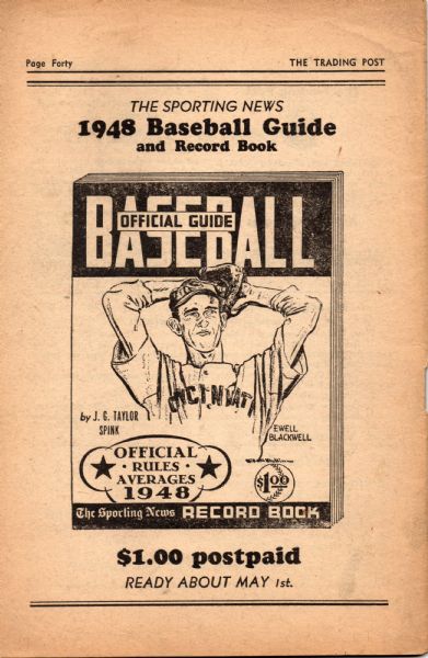 APRIL 1948 THE SPORTS EXCHANGE TRADING POST CARL FURILLO BASEBALL PUBLICATION