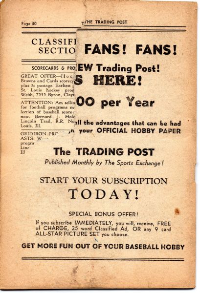DECEMBER 1948 THE SPORTS EXCHANGE TRADING POST WALLY WESTLAKE BASEBALL PUBLICATION