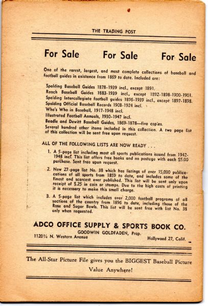 AUG-SEP 1948 THE SPORTS EXCHANGE TRADING POST KEN KELTNER BASEBALL PUBLICATION