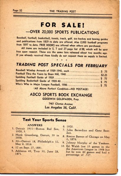 FEBRUARY 1949 THE SPORTS EXCHANGE TRADING POST RED ROLFE BASEBALL PUBLICATION
