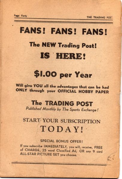FEBRUARY 1948 THE SPORTS EXCHANGE TRADING POST MARK CHRISTMAN BASEBALL PUBLICATION