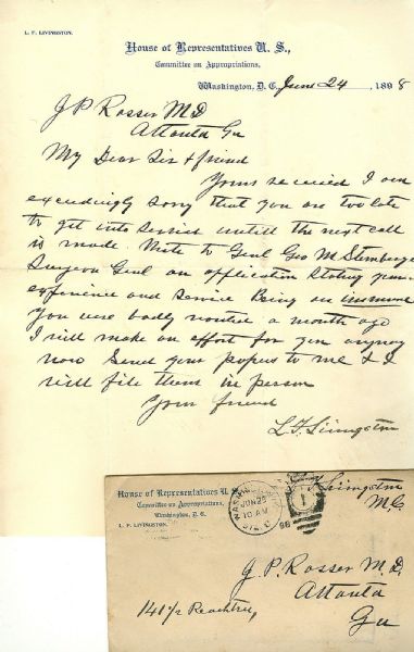 1898 HOUSE OF REP. LETTERHEAD HAND WRITTEN & SIGNED BY L. F. LIVINGSTON