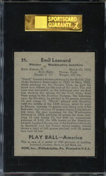 1939 PLAY BALL #21 DUTCH LEONARD SGC 92 HIGHEST GRADED!