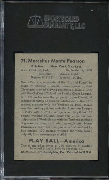 1939 PLAY BALL #71 MONTE PEARSON SGC 92 NONE HIGHER!