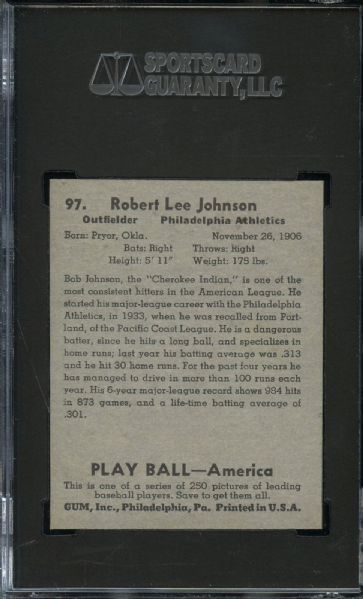 1939 PLAY BALL #97 BOB JOHNSON SGC 92 HIGHEST GRADED!
