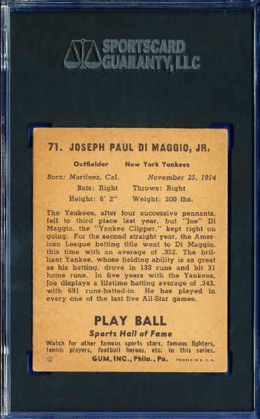 1941 PLAY BALL #71 JOE DIMAGGIO SGC 60