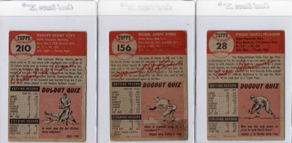 1953 TOPPS LOT OF 3 #'S 28, 156 & 210 ROOKIE & SHORT PRINT!