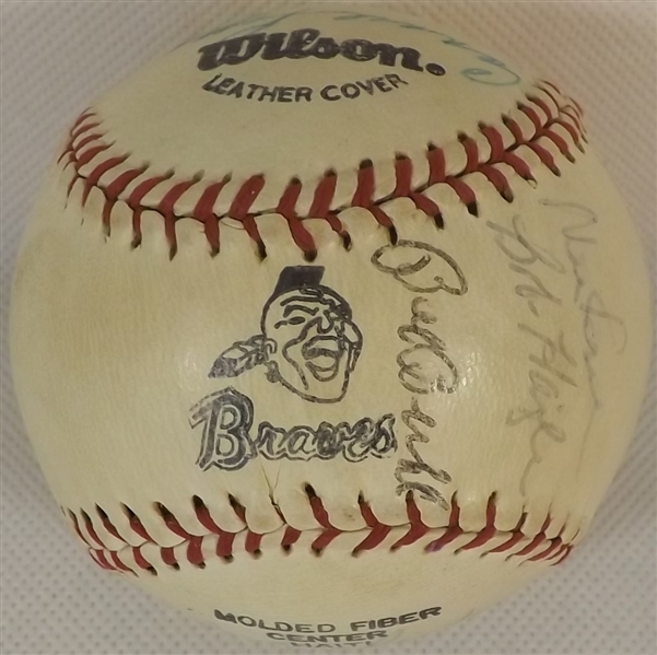 BRAVES TEAM LOGO BASEBALL SIGNED BY 15 INC. HANK AARON EDDIE MATHEWS HURRICANE HAZLE