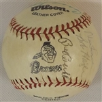 BRAVES TEAM LOGO BASEBALL SIGNED BY 15 INC. HANK AARON EDDIE MATHEWS HURRICANE HAZLE