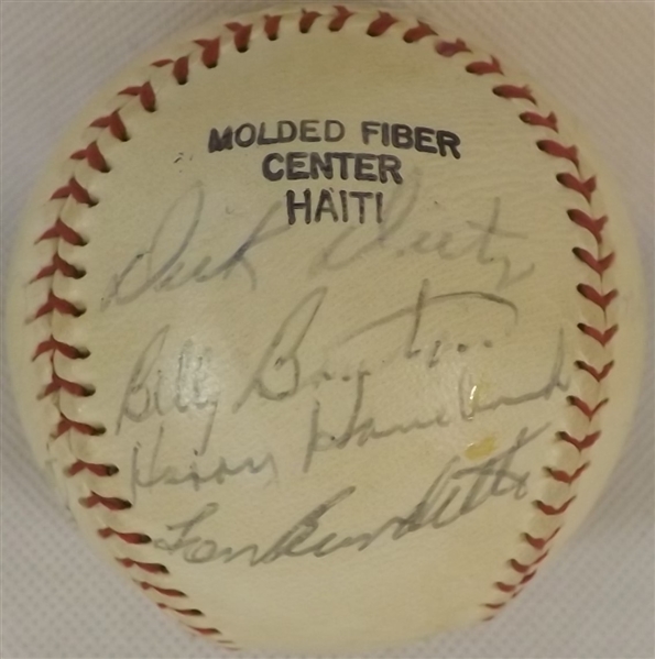 BRAVES TEAM LOGO BASEBALL SIGNED BY 15 INC. HANK AARON EDDIE MATHEWS HURRICANE HAZLE